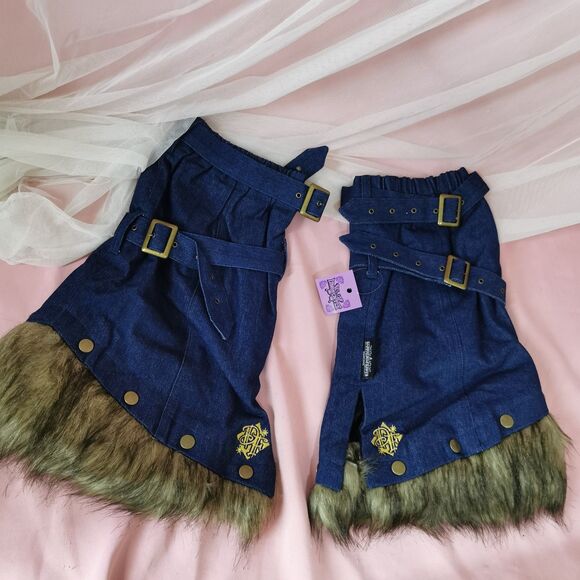 Vintage Y2K Denim Leg Warmers with Faux Fur Trim Rare Harajuku Kawaii Streetwear - Picture 1 of 12